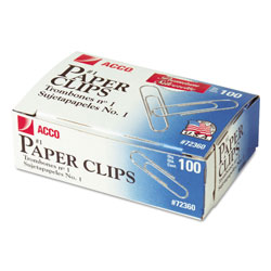 Acco Paper Clips, Medium (No. 1), Silver, 100/Box, 10 Boxes/Pack (ACC72360)