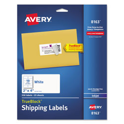 Avery Shipping Labels w/ TrueBlock Technology, Inkjet Printers, 2 x 4, White, 10/Sheet, 25 Sheets/Pack (AVE8163)