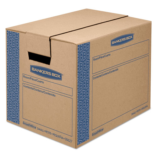 Fellowes SmoothMove Prime Moving/Storage Boxes, Hinged Lid, Regular Slotted Container, Small, 12" x 16" x 12", Brown/Blue, 10/Carton