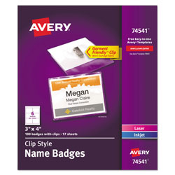 Avery Clip-Style Name Badge Holder with Laser/Inkjet Insert, Top Load, 4 x 3, White, 100/Box (AVE74541)