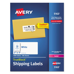 Avery Shipping Labels w/ TrueBlock Technology, Laser Printers, 2 x 4, White, 10/Sheet, 100 Sheets/Box (AVE5163)