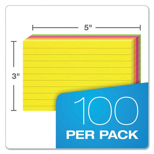 Oxford Ruled Index Cards, 3 x 5, Glow Green/Yellow, Orange/Pink, 100/Pack