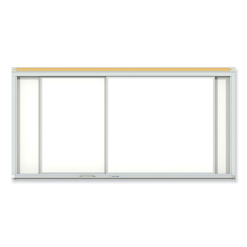Ghent MFG Horizontal Sliding Porcelain Magnetic Whiteboard, 96 x 48, White Surface, Satin Aluminum Frame