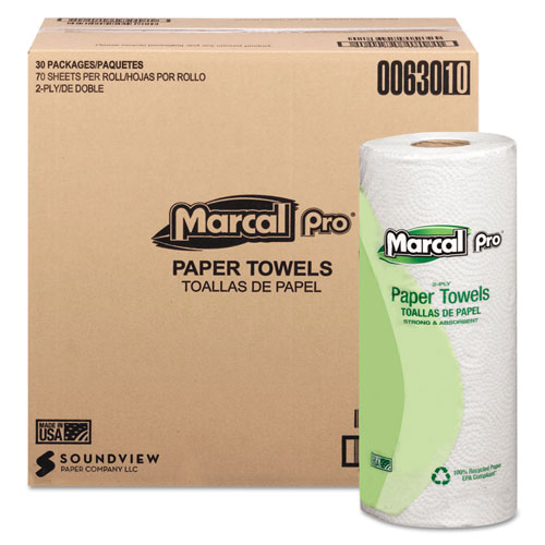 Marcal 100% Premium Recycled Towels, 2-Ply, 11 x 9, White, 70/Roll, 30 Rolls/Carton