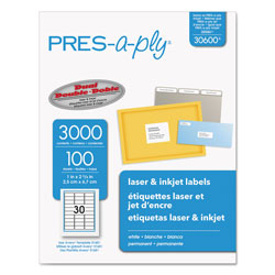 Avery Labels, Laser Printers, 1 x 2.63, White, 30/Sheet, 100 Sheets/Box (AVE30600)