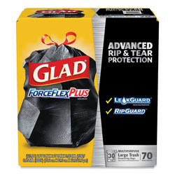 Glad ForceFlexPlus Drawstring Large Trash Bags, 30 gal, 1.05 mil, 30" x 32", Black, 70/Box (COX70358)