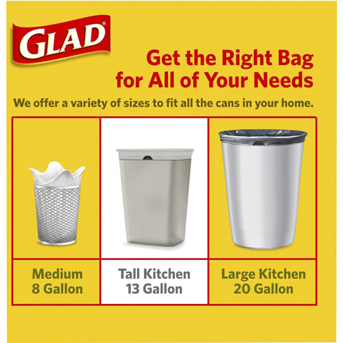 Clorox Glad ForceFlex Tall Kitchen Drawstring Trash Bags, 13 gal, 24 x 27  3/8, .95 mil, 100/Box, White, CLO78526