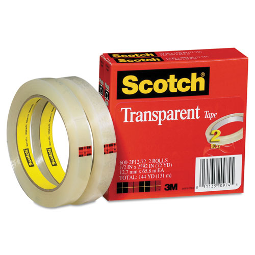3M Scotch™ Transparent Tape, 3 Core, 0.5 x 72 yds, Transparent, 2/Pack, MMM6002P1272
