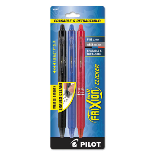 Pilot FriXion Clicker Erasable Retractable Gel Pen, 0.7mm, Assorted Ink/Barrel, 3/Pack