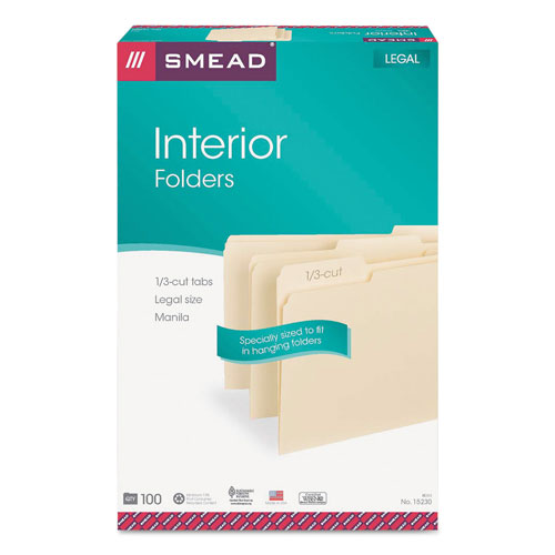 Smead Interior File Folders, 1/3-Cut Tabs, Legal Size, Manila, 100/Box
