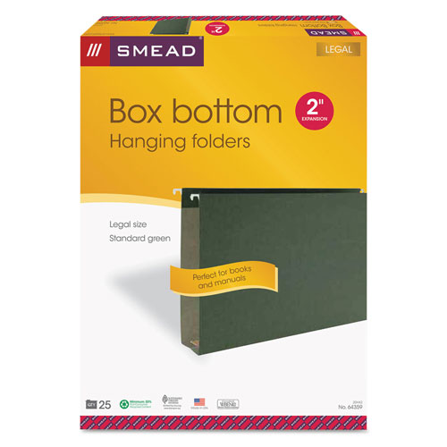 Smead Box Bottom Hanging File Folders, Legal Size, Standard Green, 25/Box