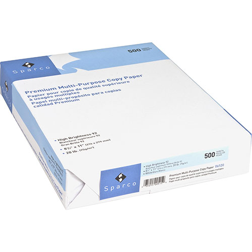 Sparco White Copy Paper, 8 1/2 x 11 (Letter), 92 Bright, 20 lb, 500 Sheets  Per Ream, Case of 5 Reams, SPR06125