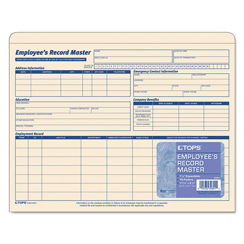 TOPS Employee Record Master File Jacket, Straight Tab, Letter Size, Manila, 15/Pack