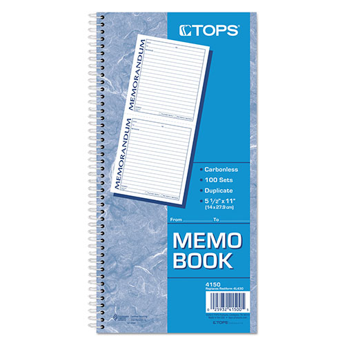TOPS Memorandum Book, Two-Part Carbonless, 5 x 5.5, 2/Page, 100 Forms