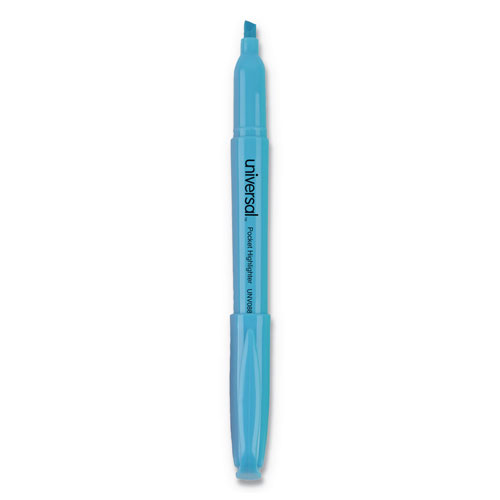 Universal Pocket Highlighters, Fluorescent Blue Ink, Chisel Tip, Blue Barrel, Dozen