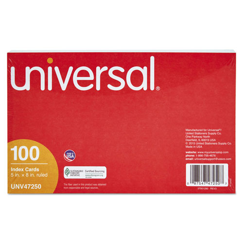 Universal Ruled Index Cards, 5 x 8, White, 100/Pack