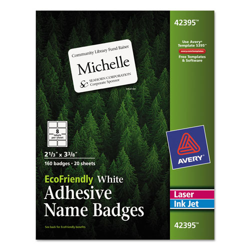 Avery EcoFriendly Adhesive Name Badge Labels, 3.38 x 2.33, White, 160/Box
