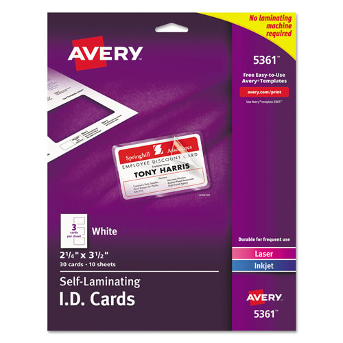Avery Laminated Laser/Inkjet ID Cards, 2 1/4 x 3 1/2, White, 30/Box
