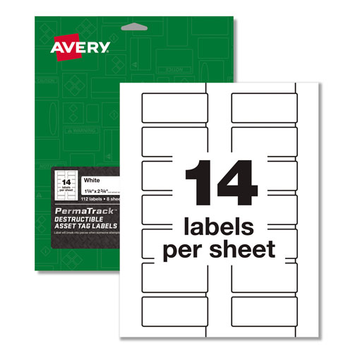 Avery PermaTrack Destructible Asset Tag Labels, Laser Printers, 1.25 x 2.75, White, 14/Sheet, 8 Sheets/Pack