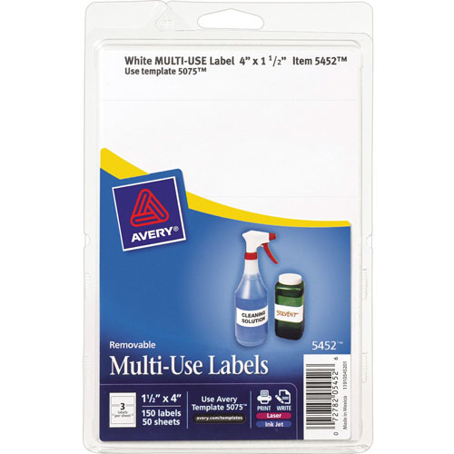 Avery Self Adhesive White Removable Labels, Rectangular, 1 1/2x4, 150  per Pack, AVE05452