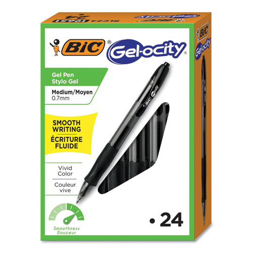 Bic Gel-ocity Retractable Gel Pen, Medium 0.7mm, Black Ink/Barrel, 24/Pack, BICRLC241BK