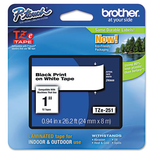 Brother TZe Standard Adhesive Laminated Labeling Tape, 0.94 x 26.2 ft,  Black on White, BRTTZE251
