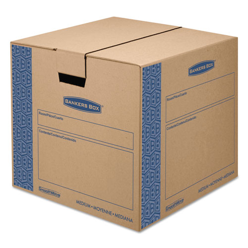 Fellowes SmoothMove Prime Moving/Storage Boxes, Hinged Lid, Regular Slotted Container, Medium, 18" x 18" x 16", Brown/Blue, 8/Carton