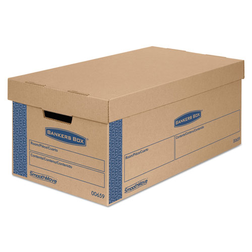 Fellowes SmoothMove Prime Moving/Storage Boxes, Lift-Off Lid, Half Slotted Container, Small, 12" x 24" x 10", Brown/Blue, 8/Carton