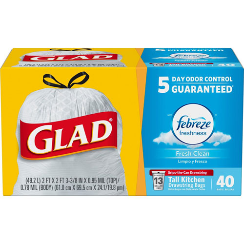 Clorox Glad ForceFlex Tall Kitchen Drawstring Trash Bags, Fresh Clean, 13  gal, 24 x 27.38 Length x 1.05 mil (27 Micron) Thickness, White, 40/Box,  Kitchen, CLO78361