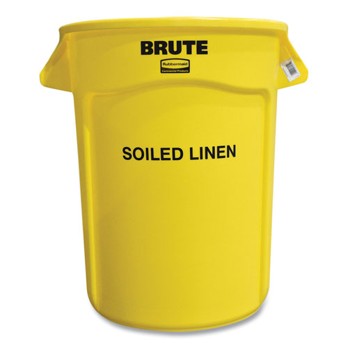 Rubbermaid Vented Round Brute Container, "Soiled Linen" Imprint, 32 gal, Plastic, Yellow