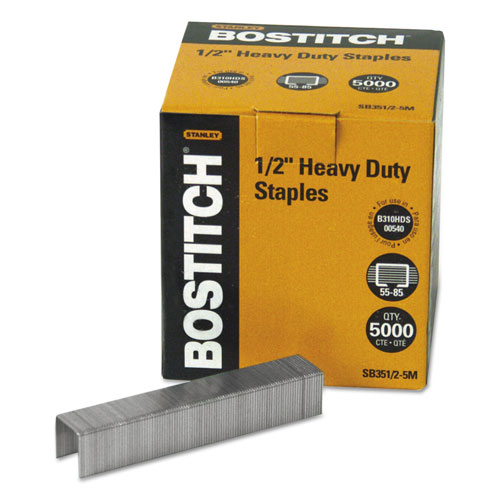Stanley Bostitch Heavy-Duty Premium Staples, 0.5" Leg, 0.5" Crown, Steel, 5,000/Box
