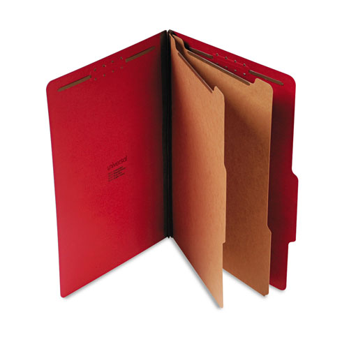 Universal Bright Colored Pressboard Classification Folders, 2" Expansion, 2 Dividers, 6 Fasteners, Legal Size, Ruby Red, 10/Box