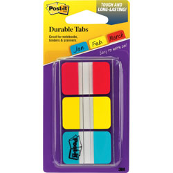 3M Durable Index Tabs, 1" x 1-1/2" 36 Tabs/PK, Red/Blue/Yellow