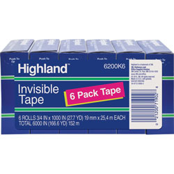 3M Highland Invisible Tape, 1" Core, 3/4"x1000", 6/PK, Clear
