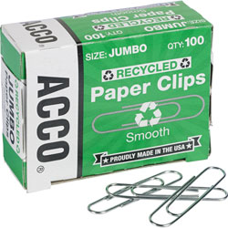 Acco Recycled Paper Clips, No 4, 1-13/23 in Size Jumbo, 10PK.BX, SR