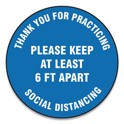 Accuform® Slip-Gard Floor Signs, 12 in Circle,  inThank You For Practicing Social Distancing Please Keep At Least 6 Ft Apart in, Blue, 25/PK