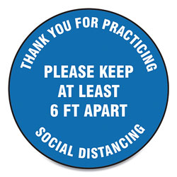 Accuform® Slip-Gard Floor Signs, 17 in Circle,  inThank You For Practicing Social Distancing Please Keep At Least 6 Ft Apart in, Blue, 25/PK
