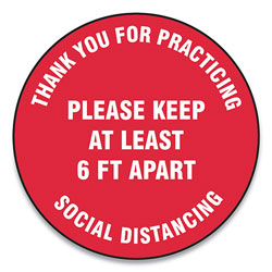Accuform® Slip-Gard Floor Signs, 12 in Circle,  inThank You For Practicing Social Distancing Please Keep At Least 6 Ft Apart in, Red, 25/Pack