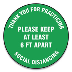 Accuform® Slip-Gard Floor Signs, 12 in Circle,  inThank You For Practicing Social Distancing Please Keep At Least 6 Ft Apart in, Green, 25/PK