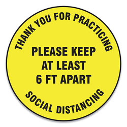 Accuform® Slip-Gard Floor Signs, 12 in Circle, inThank You For Practicing Social Distancing Please Keep At Least 6 Ft Apart in, Yellow, 25/PK