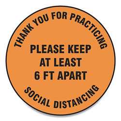 Accuform® Slip-Gard Floor Signs, 12 in Circle, inThank You For Practicing Social Distancing Please Keep At Least 6 Ft Apart in, Orange, 25/PK