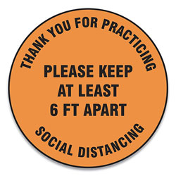Accuform® Slip-Gard Floor Signs, 17 in Circle, inThank You For Practicing Social Distancing Please Keep At Least 6 Ft Apart in, Orange, 25/PK