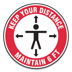 Accuform® Slip-Gard Social Distance Floor Signs, 17 in Circle,  inKeep Your Distance Maintain 6 Ft in, Human/Arrows, Red/White, 25/Pack