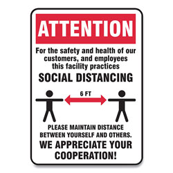Accuform® Social Distance Signs, Wall, 14 x 10, Customers and Employees Distancing, Humans/Arrows, Red/White, 10/Pack