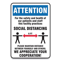 Accuform® Social Distance Signs, Wall, 14 x 7, Patients and Staff Social Distancing, Humans/Arrows, Blue/White, 10/Pack
