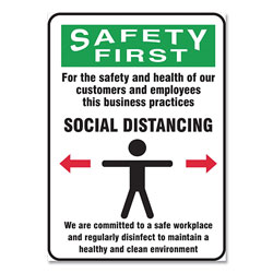 Accuform® Social Distance Signs, Wall, 14 x 10, Customers and Employees Distancing Clean Environment, Humans/Arrows, Green/White, 10/Pk