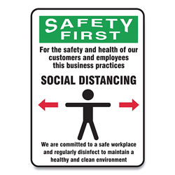 Accuform® Social Distance Signs, Wall, 10 x 7, Customers and Employees Distancing Clean Environment, Humans/Arrows, Green/White, 10/Pk