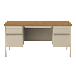 Alera Double Pedestal Steel Desk, 60 in x 30 in x 29.5 in, Cherry/Putty, Putty Legs