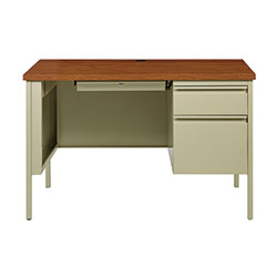 Alera Single Pedestal Steel Desk, 45 in x 24 in x 29.5 in, Cherry/Putty
