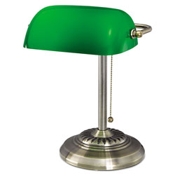 Alera Traditional Banker's Lamp, Green Glass Shade, 10.5 inw x 11 ind x 13 inh, Antique Brass